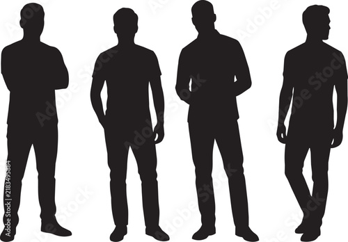 Four male figures stand in a row depicted as a black silhouette men human people group standing posing isolated minimalist graphic design contemporary