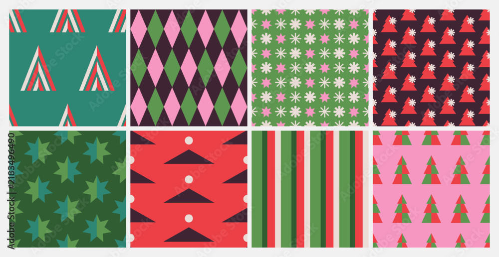 Obraz premium Colorful geometric seamless patterns set of Merry Christmas and Happy New Year. Minimalist backgrounds collection with simple shapes. Modern design for wrapping paper, fabric, print, wallpaper, cover