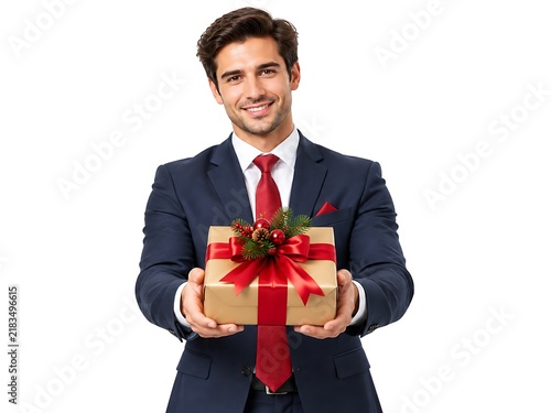 Handsome young businessman in a suit holding a Christmas gift box.