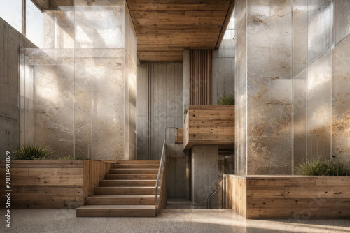 Sustainable brutalist interior with reclaimed wood and recycled composite materials.