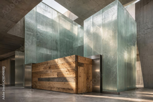 Sustainable brutalist interior with reclaimed wood and recycled composite materials.