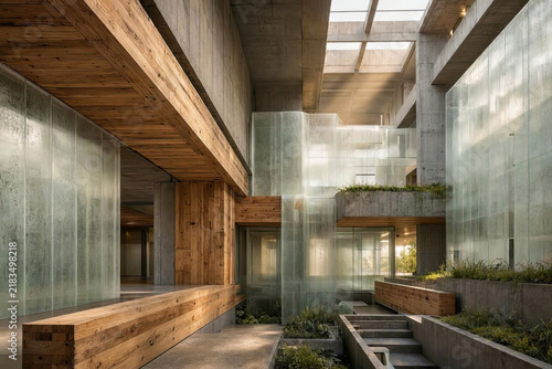 Sustainable brutalist interior with reclaimed wood and recycled composite materials.