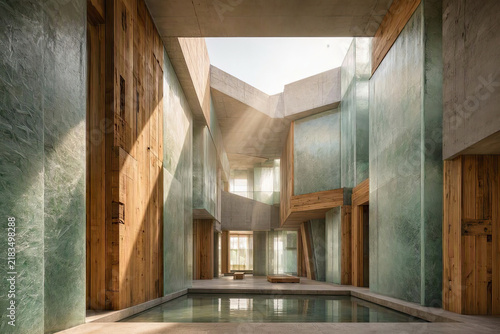 Sustainable brutalist interior with reclaimed wood and recycled composite materials.