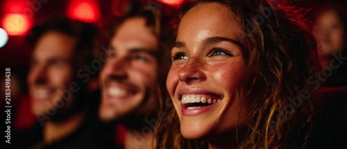 Close up of happy smiling young people watching a movie in a theater with red background lights.