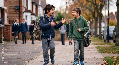 Two boys walking and talking happily on a school street in autumn  