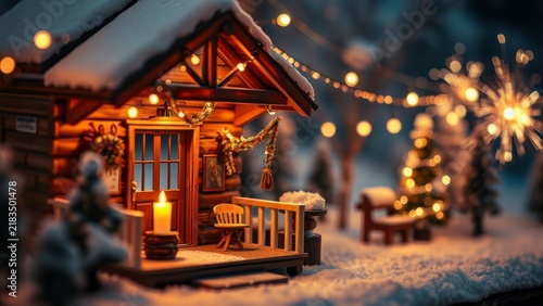 Cozy miniature log cabin with Christmas lights in snow