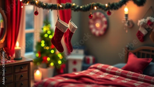 Cozy bedroom decorated for Christmas with stockings and tree