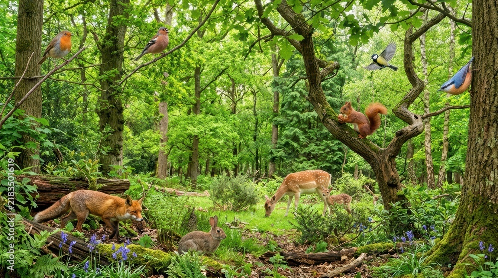 Fototapeta premium Diverse woodland animals in a lush green forest scene with bluebells