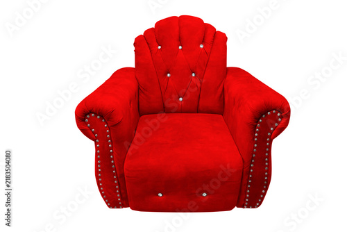 Red velvet sofa front view isolated on transparent background.
