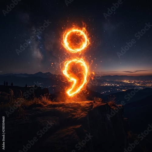 Glowing Fiery Semicolon Symbol Standing on a Mountain Peak Under a Starry Night Sky Representing Hope and Resilience