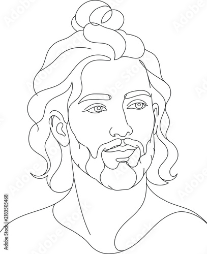 Portrait of a bearded man with long hair and man bun, drawn in elegant continuous line art. Minimal male face outline illustration