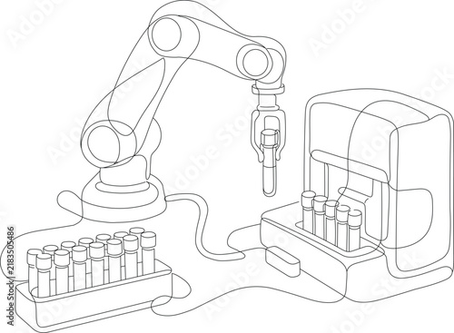 Continuous line illustration of an automated laboratory with robotic arm, test tubes and sample processing equipment, representing laboratory automation, robotic sample handling, biotechnology