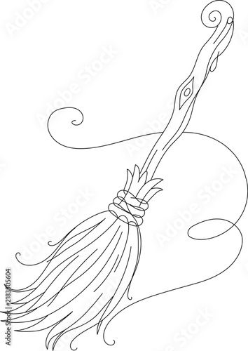 Witch broom with decorative handle in continuous line art, perfect for Halloween, magic, witchcraft and spooky seasonal designs