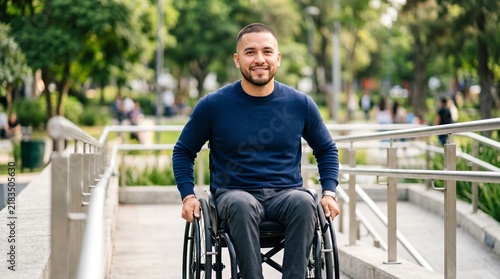 Happy hispanic wheelchair user moving along an accessible ramp in an urban park. Cheerful disabled man navigating city outdoor walkway with stainless handrails.