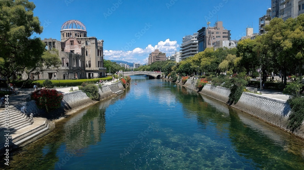 Obraz premium Hiroshima cityscape. Atomic Bomb Dome contrasts with a tranquil river and city, reflecting history