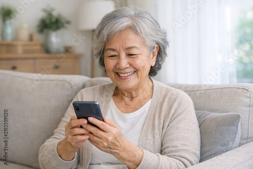 Senior woman smiles while using smartphone on couch. Soft lighting highlights her gentle expression. Cozy home setting adds warmth to the scene. Relaxed posture suggests comfort and ease
