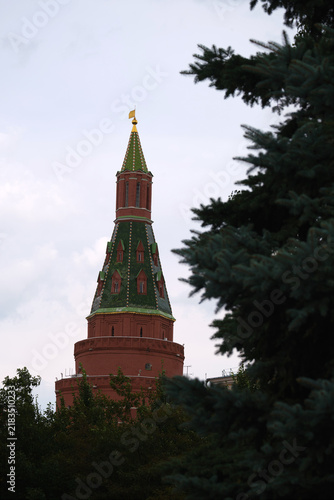 Photography Historic red brick Kremlin tower with ornate green roof framed by evergreen branches against an overcast sky