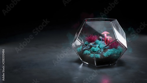 Glowing bioluminescent mushrooms grow inside a modern glass geometric terrarium against a dark background with vibrant neon circuit light accents