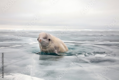 White Beluga Whale Surfacing In Frozen Sea