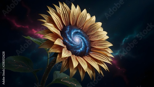 Radiant golden sunflower featuring a luminous cosmic galaxy center set against deep mysterious nebula clouds in this unique artistic composition