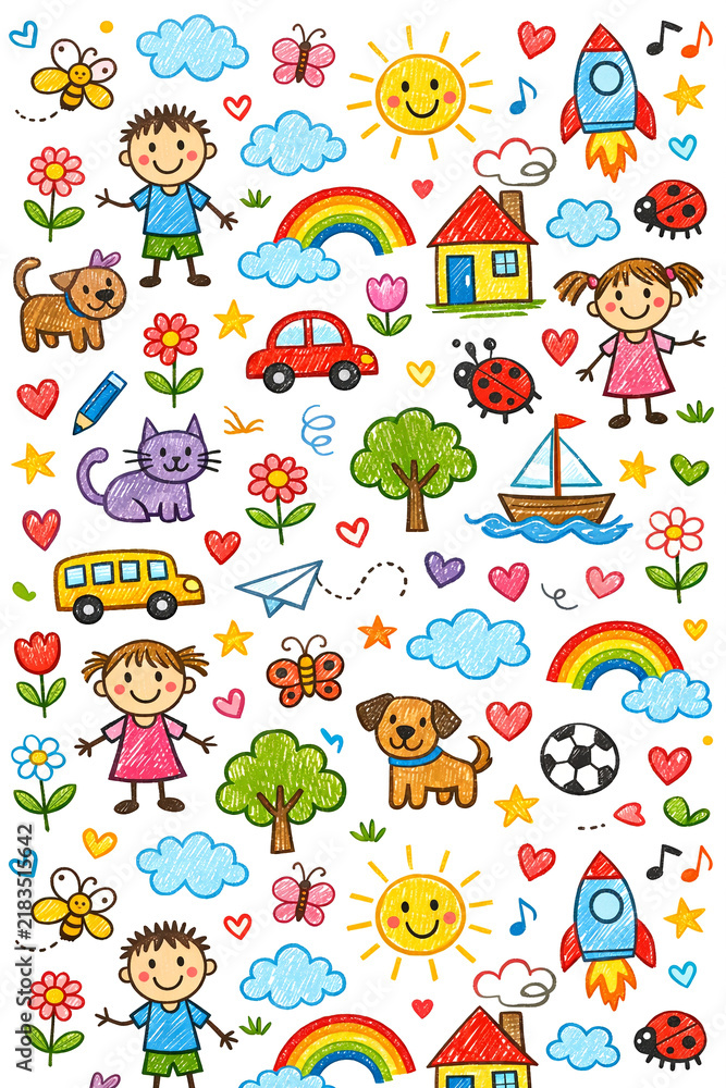 Obraz premium Colorful cartoon children with various toys, animals and objects in a cheerful setting