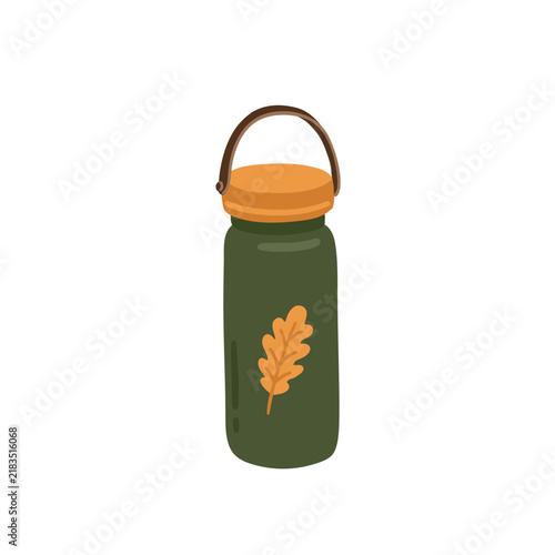 Cozy camping green bottle of water or thermos with print of an autumn oak leaf. Hand drawing flat vector illustration. Isolated outdoor adventure, hiking clip art