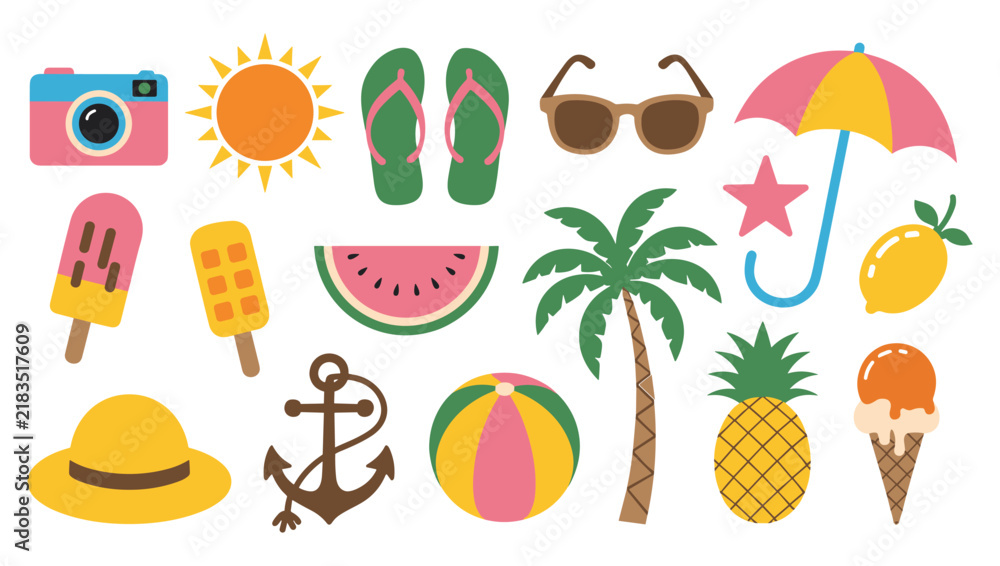 Fototapeta premium Set of colorful summer holiday icons including beach elements and tropical food and items