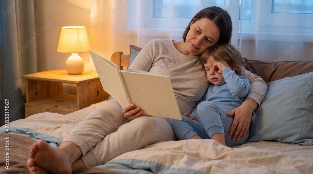 Fototapeta premium Parent Reading Bedtime Story, Child Listening In Bed, Warm Evening Family Routine, Authentic Everyday Lifestyle Moment, Gentle Parent Child Bonding, Everyday Home Living