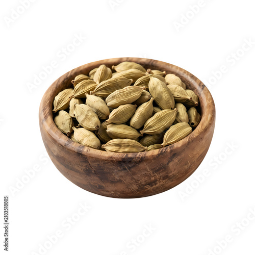 Green cardamom pods in a rustic wooden bowl isolated on a white background