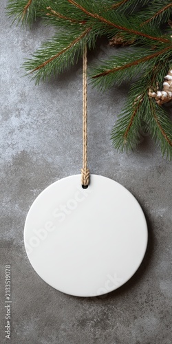 Blank round christmas ornament hanging on fir branch