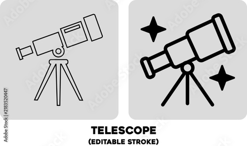 Two illustrated telescopes are displayed side by side on a light grey background with stars