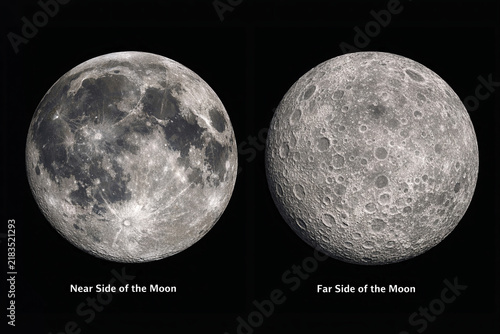 Illustration comparing the moon as seen from Earth with its appearance from the far side of the moon.