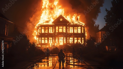Firefighters battle intense flames engulfing a large residential building at night. Smoke billows, emergency lights flash, and hoses lie ready. Urban disaster scene with urgent rescue action.