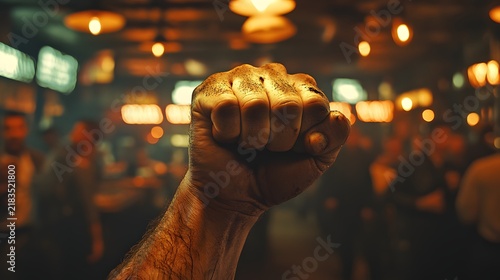 Close-up of a clenched fist raised in a crowded bar with blurred background, conveying tension and emotion. Warm lighting, dynamic composition for action-oriented lifestyle or social media use.