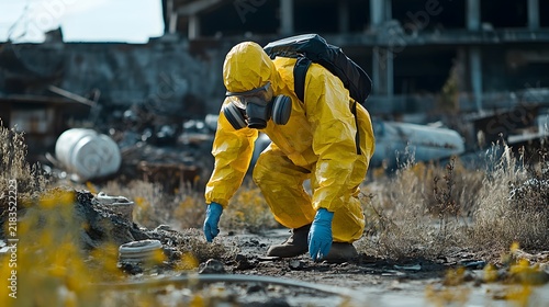 Hazmat inspector in yellow protective suit examines hazardous waste site amidst rubble and debris under bright daylight. Industrial cleanup, environmental safety, hazardous materials inspection.