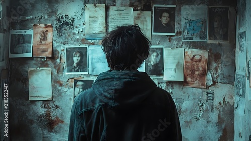 Person standing before wall covered with missing person posters, searching desperately for lost loved one, emotional distress, urban search scene, dark atmosphere, back view portrait.