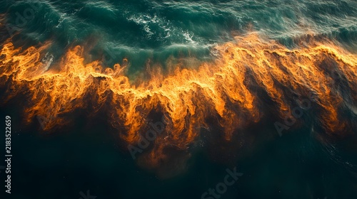 Oil spill contaminates ocean coastline with toxic orange sheen spreading across dark waves. Environmental disaster scene shows marine pollution damage to natural ecosystem.