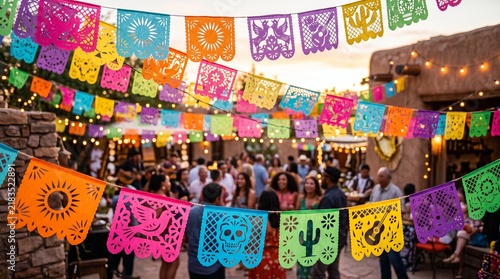 Vibrant Outdoor Fiesta Celebration During Hispanic Heritage Month Featuring Traditional Colorful Papel Picado Decorations and Festive Atmosphere
