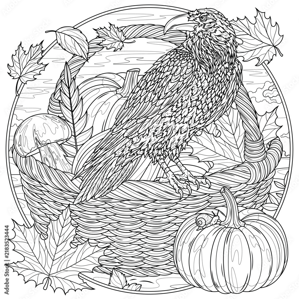 Fototapeta premium A raven is sitting on a basket of pumpkins in round frame. Autumn.Coloring book antistress for children and adults. 