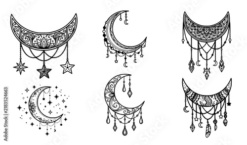 Ornate Crescent Moon Mandala Line Art Set Star Chain Feather Jewelry Celestial Mystic Icon Illustration Collection Vector
