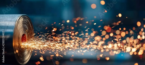Industrial Sparks Flying From Metal Fabrication Cutting Work in a Bright Blue Abstract Workshop Glow