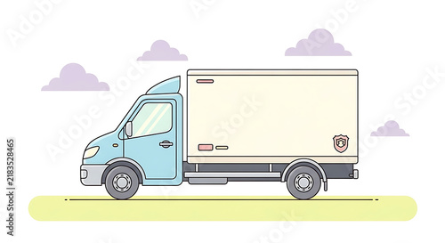 A light blue delivery truck driving on a road against a simple sky background