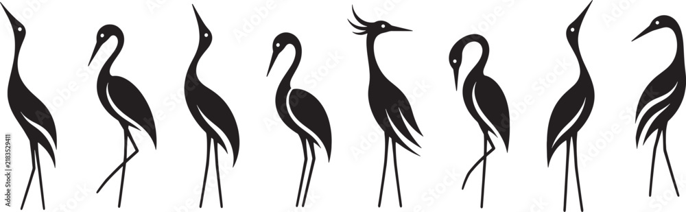 Fototapeta premium Black bird silhouettes featuring elegant long legged wading birds in varied standing poses, minimalist vector collection, concept of wildlife, nature and graceful movement