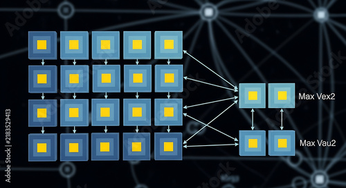 Abstract data flow diagram illustrating a network of interconnected blue square nodes on dark