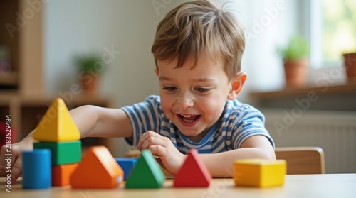 Plakat w ramie Niño pequeño clasificando bloques educativos por color y forma antes de construir una estructura