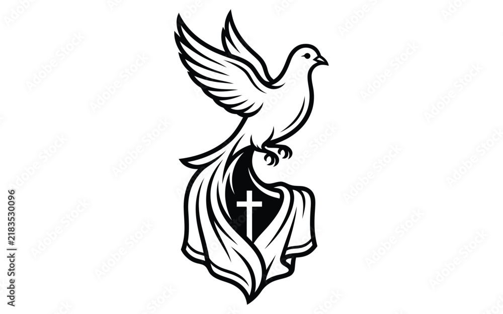 Fototapeta premium Flying Dove with Christian Cross Symbol Vector Illustration for Religious Design