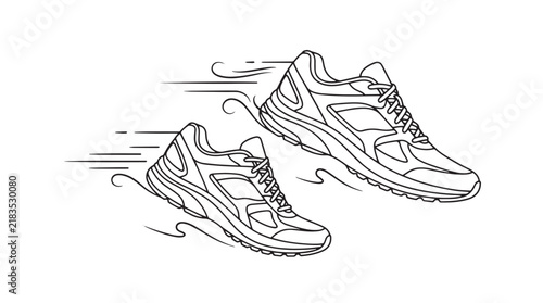 Minimalist running shoes line art vector, athletic sneakers with motion lines, black and white fitness footwear illustration
