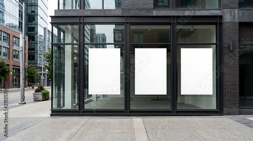 Empty shop front poster display mockup in large window frames with modern urban architecture