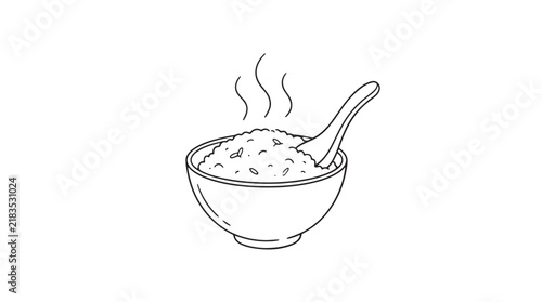Minimalist rice bowl line art, steaming hot rice in ceramic bowl with spoon, simple food illustration vector for menu design