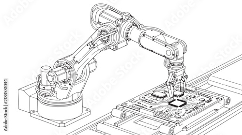 Canvas Print Industrial robotic arm line art, automated factory assembly vector, mechanical r
